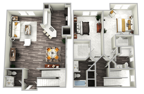 Floor plan for 2 beds, 2.5 baths, 1677 sqft